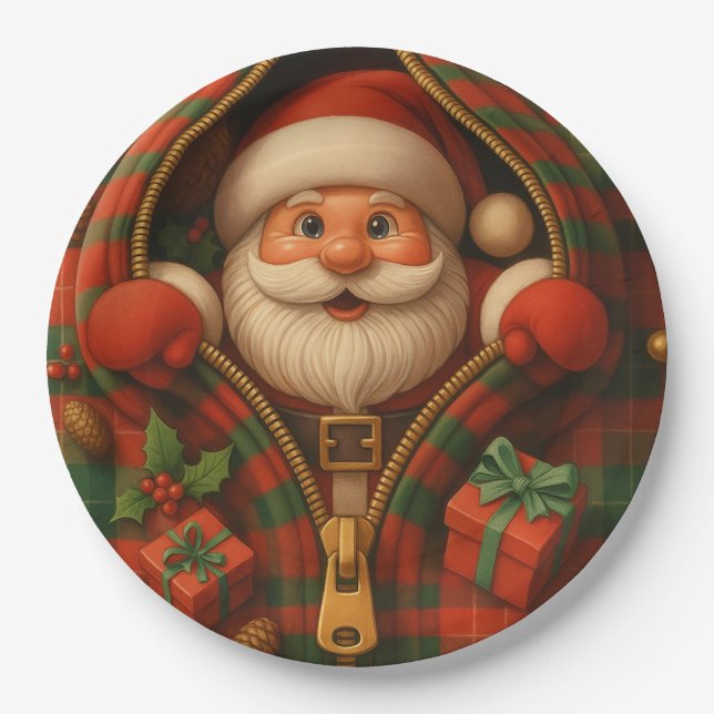 Prato De Papel Plaid Santa Claus Christmas Design  (Frente)