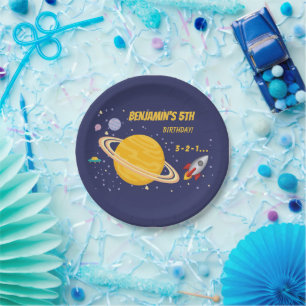 Prato De Papel Planetas de Aniversário e Navio-Foguete no Espaço 