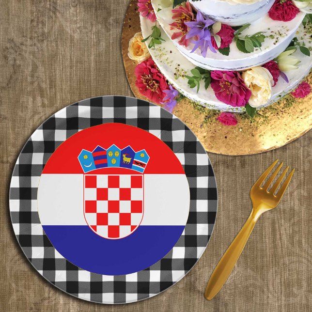 Prato De Papel Plate da Croácia, xadrez de búfalo e bandeira croa (Criador carregado)