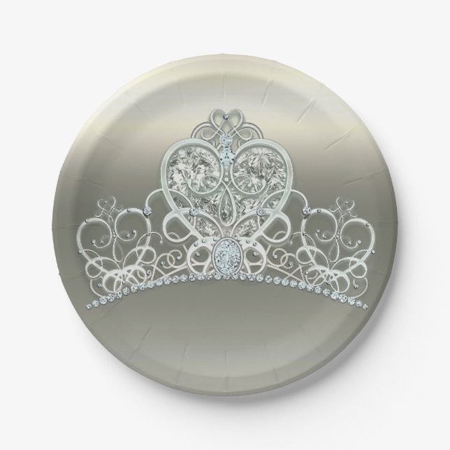 Prato De Papel Platinum Ivory Princess Heart Tiara Festa de anive (Frente)
