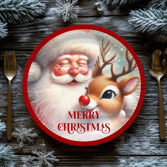 Prato De Papel Playful Cartoon Santa Rudolph Christmas Plates (Playful Cartoon Santa Rudolph Christmas Plates)