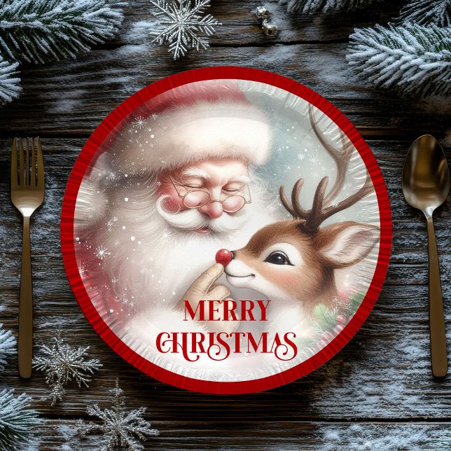 Prato De Papel Playful Cartoon Santa Rudolph Holiday Plates (Playful Cartoon Santa Rudolph Holiday Plates)