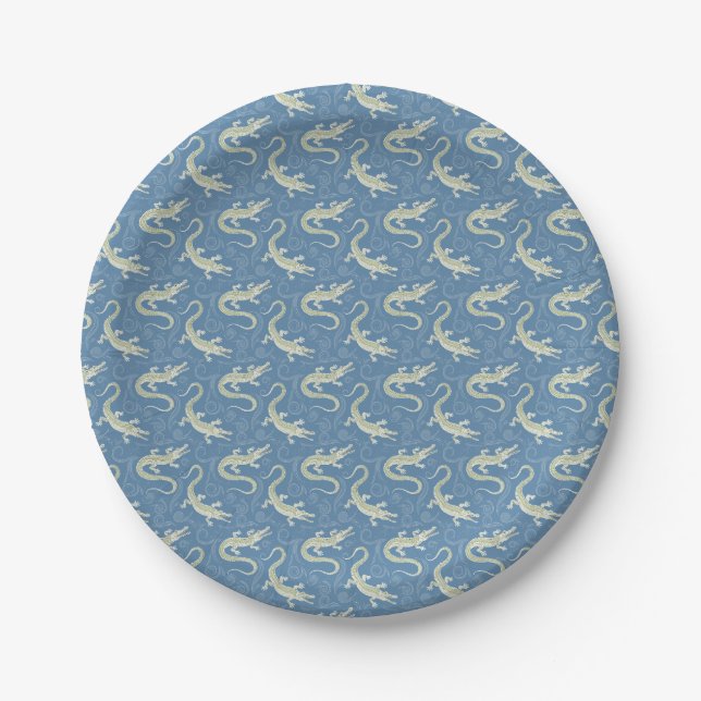 Prato De Papel Playful Green Alligator Paisley em azul (Frente)
