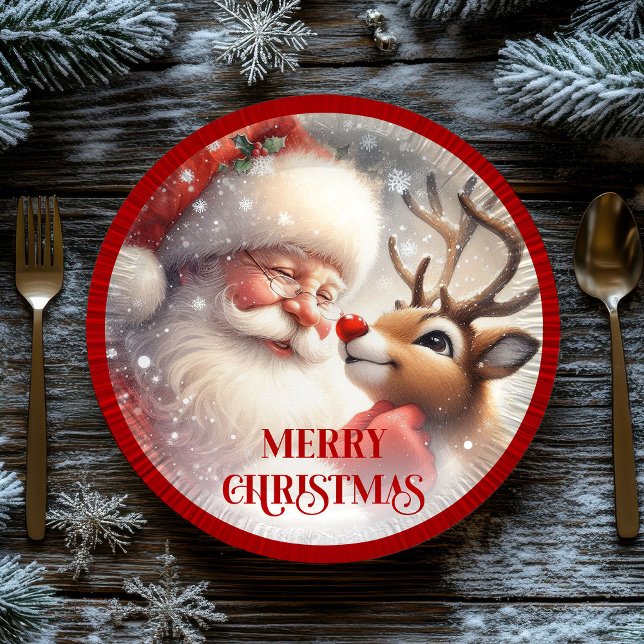 Prato De Papel Playful Santa Rudolph Cartoon Christmas Plates (Playful Santa Rudolph Cartoon Christmas Plates)
