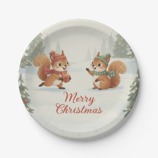 Prato De Papel Playful Squirrels in Christmas Winter Forest