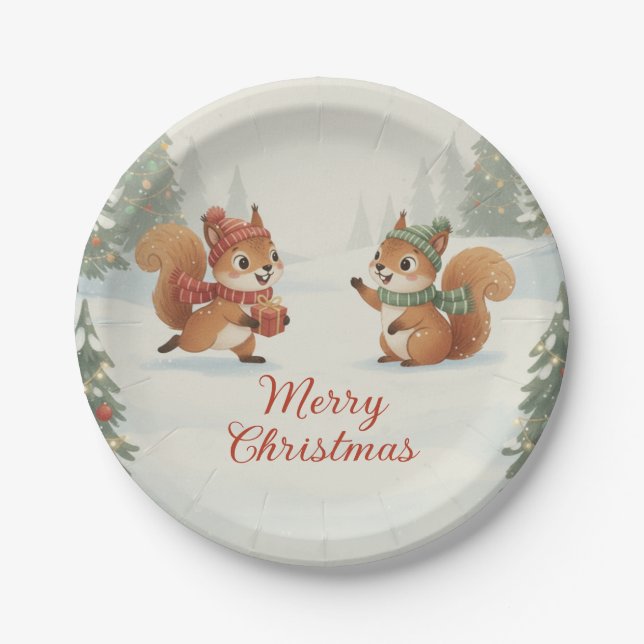Prato De Papel Playful Squirrels in Christmas Winter Forest (Frente)