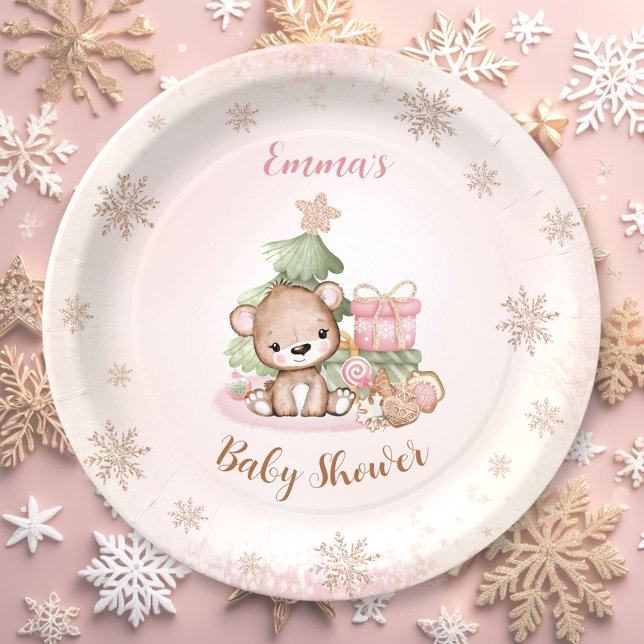 Prato De Papel Podemos Esperar Chá de fraldas De Natal (We Can Bearly Wait Christmas Girl Baby Shower Paper Plates)