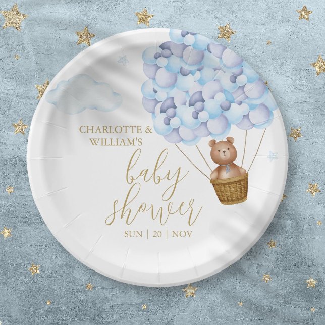 Prato De Papel Podemos Esperar O Chá de fraldas Do Urso Azul (We Can Bearly Wait Teddy Bear Blue Boy Baby Shower Paper Plates)