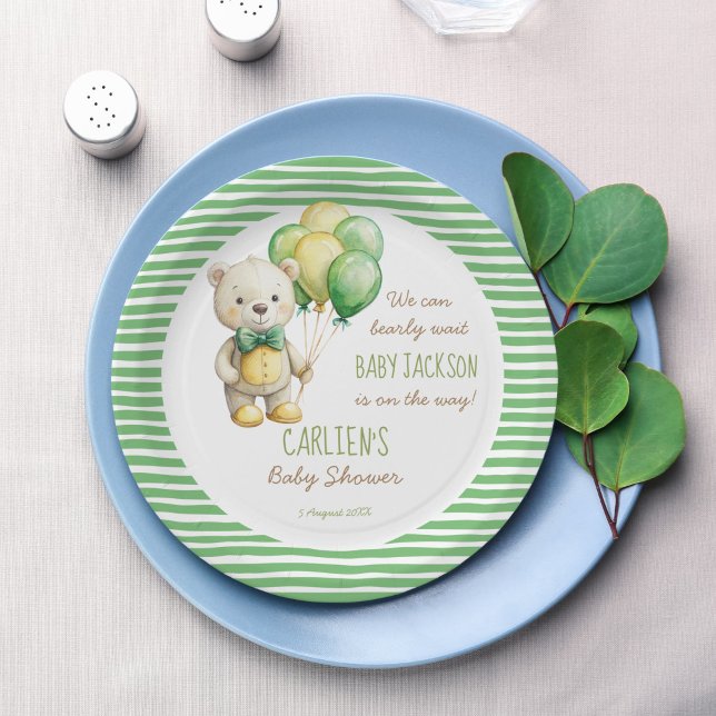 Prato De Papel Podemos esperar o chá de fraldas do urso verde (We can bearly wait sage green cute teddy bear baby shower personalized monogram printed paper plates)