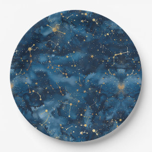 Prato De Papel Poeira de Estrelas Nebulosa Cósmica Dourada Azul M