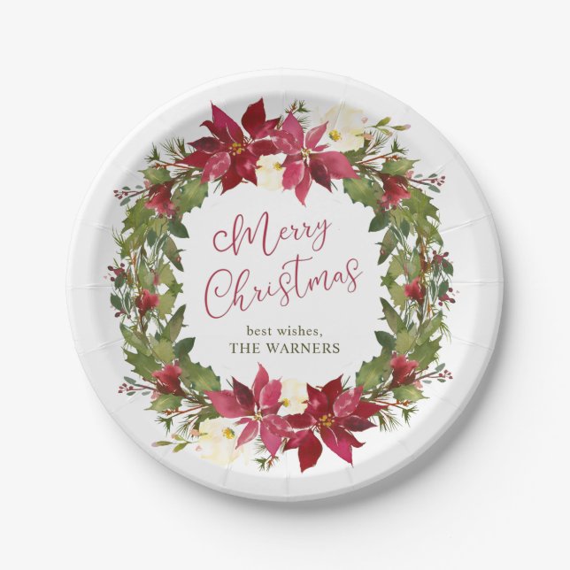 Prato De Papel Poinsettia Christmas Wreath Personalizada (Frente)
