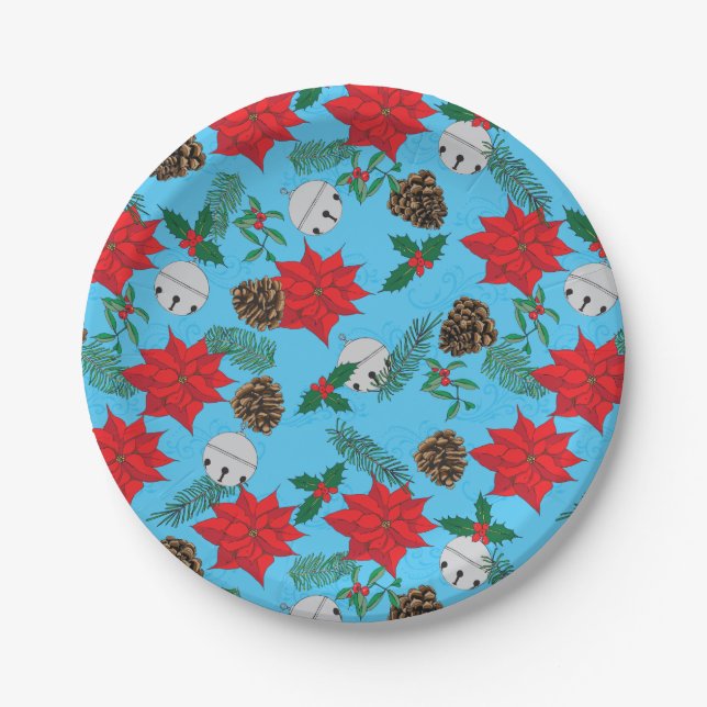 Prato De Papel Poinsettias e Prateados em Placas de Papel Azul (Frente)