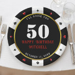 Prato De Papel Poker Chip 50ª Festa de aniversário<br><div class="desc">Chapa de papel de festa de aniversário legal,  preta,  branca,  vermelha e dourada do casino. Personalize-o com os detalhes do evento.</div>