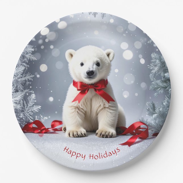 Prato De Papel Polar Bear Christmas Holiday Paper Plate (Frente)