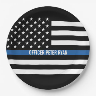 Prato De Papel Policial Thin Blue Line American Flag Add Name