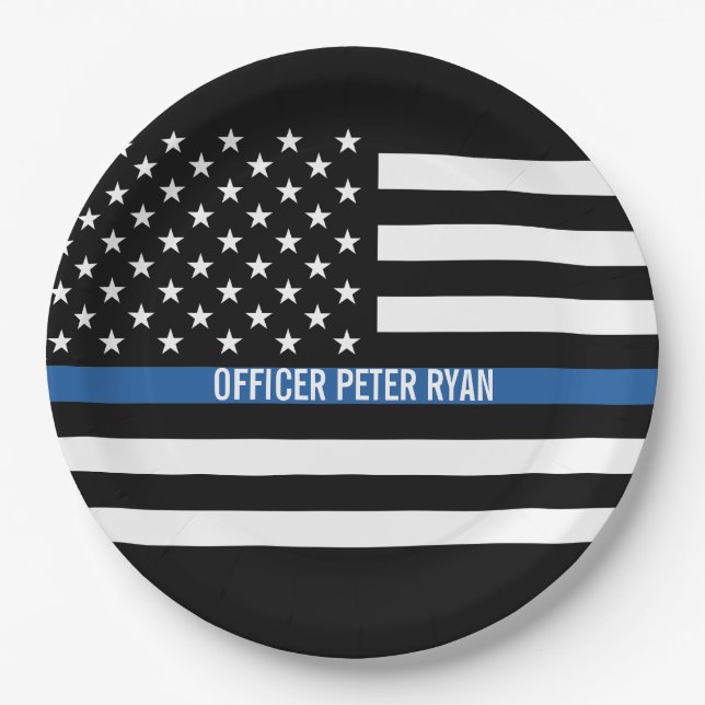 Prato De Papel Policial Thin Blue Line American Flag Add Name (Frente)