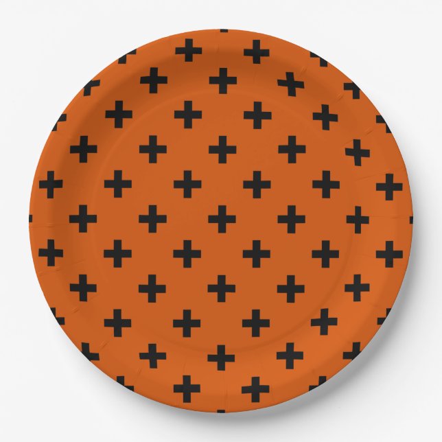 Prato De Papel Polka negra cruza a laranja (Frente)