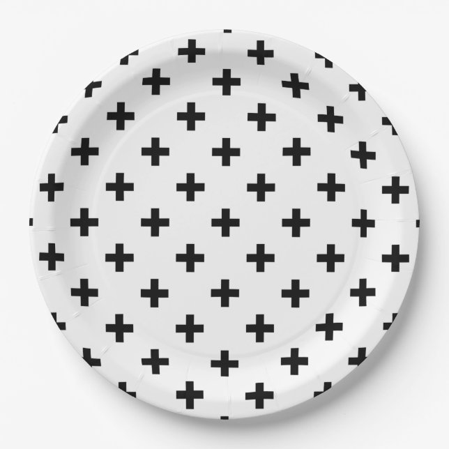 Prato De Papel Polka preto cruza em branco (Frente)