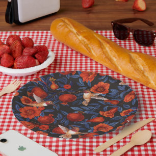 Prato De Papel Pomegranatos e beija-flores/folhas azuis em preto