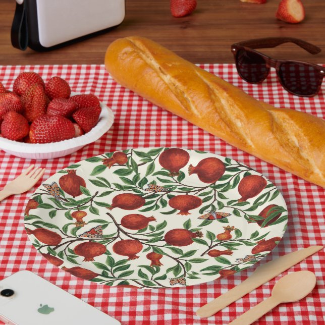 Prato De Papel Pomegranatos e Bella Moths em branco (Piquenique)