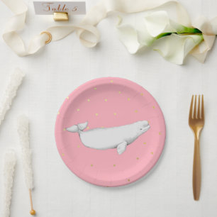 Prato De Papel Pontos de Ilustração de Baleia Beluga, Rosa