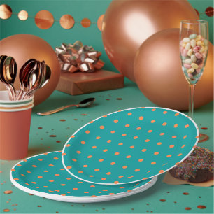 Prato De Papel Pontos de laranja queimada e branco em azul-teal