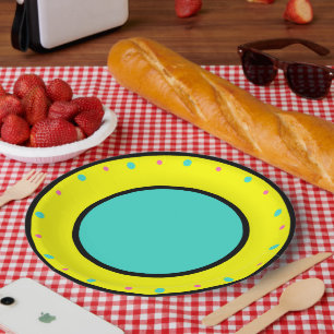 Prato De Papel Pontos Geométricos Azuis Rosas Amarelos