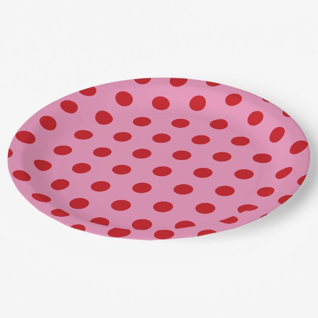 Prato De Papel Pontos Vermelhos Polka em Rosa (Inclinado)