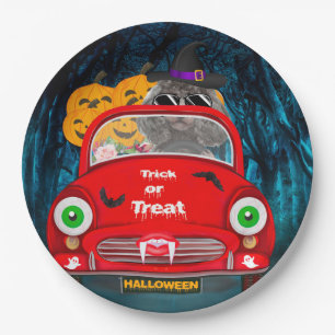 Prato De Papel Poodle Dog Dirigindo Carro Assusta Halloween