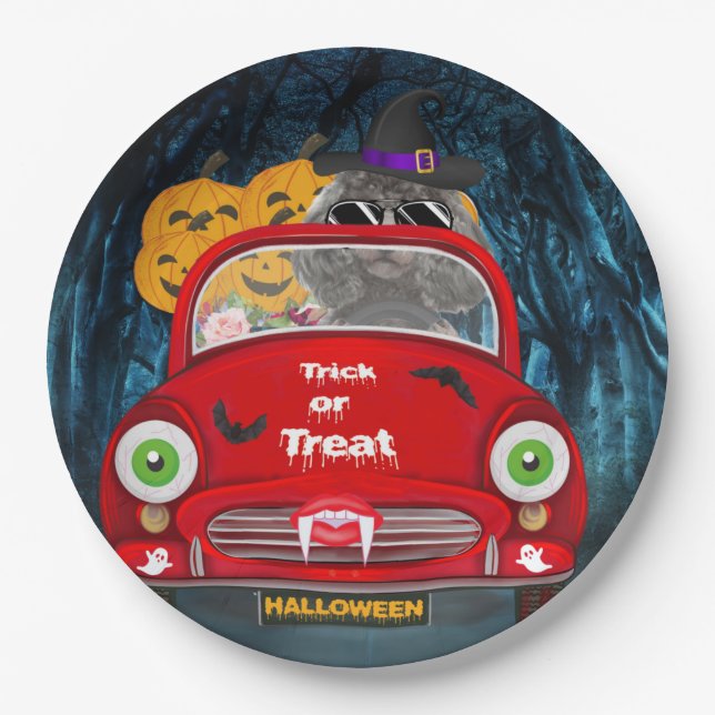 Prato De Papel Poodle Dog Dirigindo Carro Assusta Halloween (Frente)