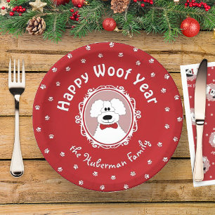 Prato De Papel Poodle 'Happy Woof Year' com Arco