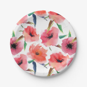 Prato De Papel Pópias Pintadas Vermelhas Padrão Floral