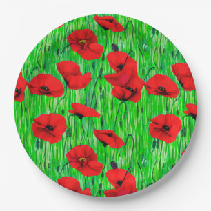 Prato De Papel Poppies vermelhos num campo verde