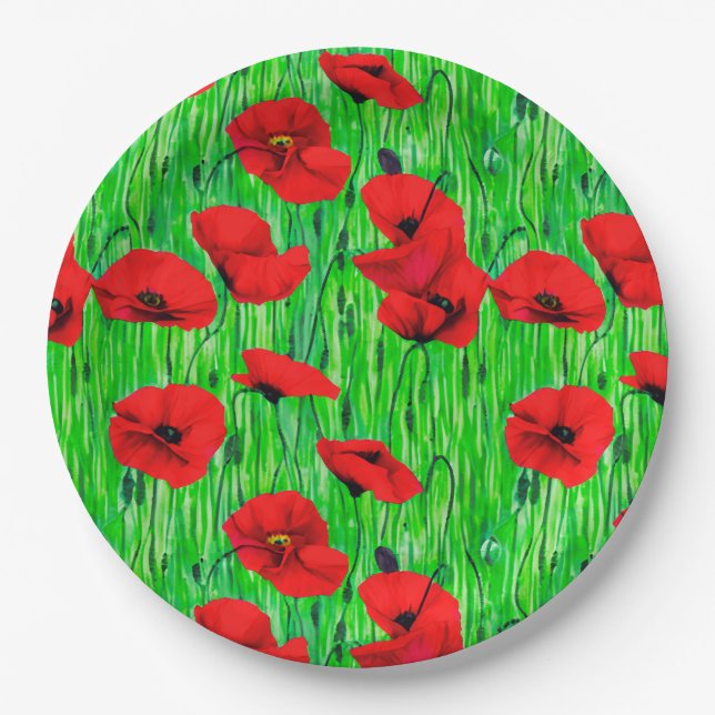 Prato De Papel Poppies vermelhos num campo verde (Frente)
