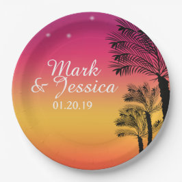 Prato De Papel Pôr do Sol na Praia da Árvore Tropical com Efeito