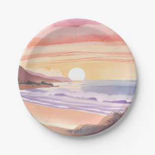 Prato De Papel Pôr do Sol no Mar Corado Pintura em Aquarela da