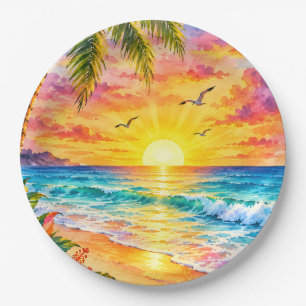 Prato De Papel Pôr do sol no Paraíso Tropical Arte de Praia em Aq