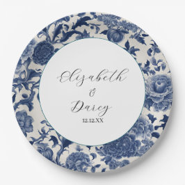 Prato De Papel Porcelain Elegance: Casamento Floral Azul