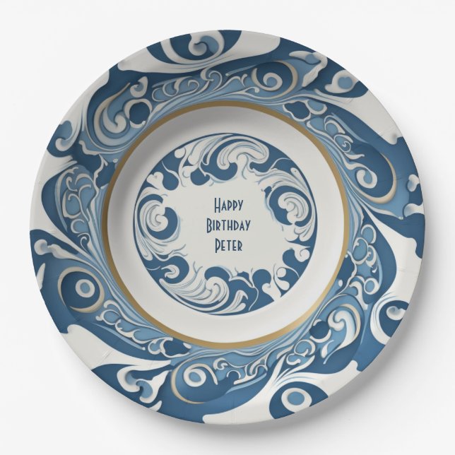 Prato De Papel Porcelana azul-deco e branca personalizada (Frente)