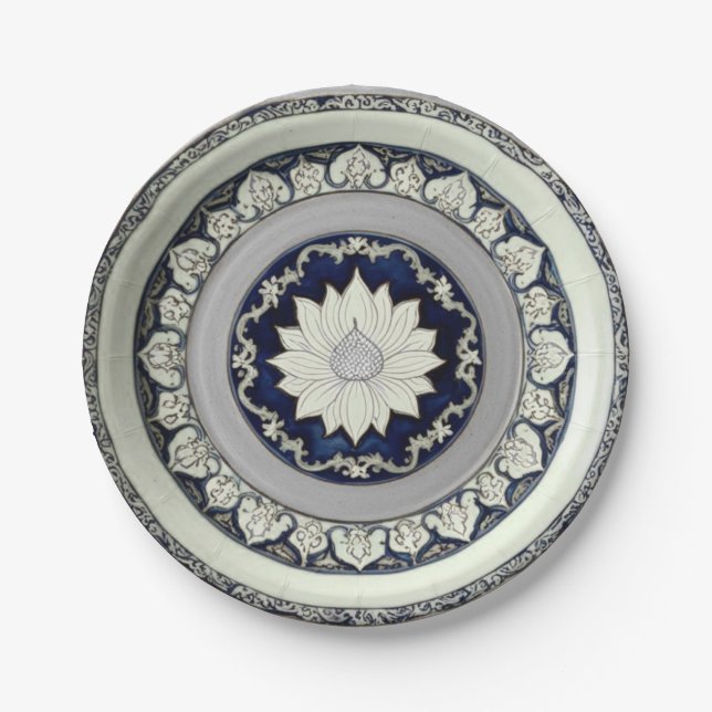 Prato De Papel Porcelana floral de flor branca e azul (Frente)