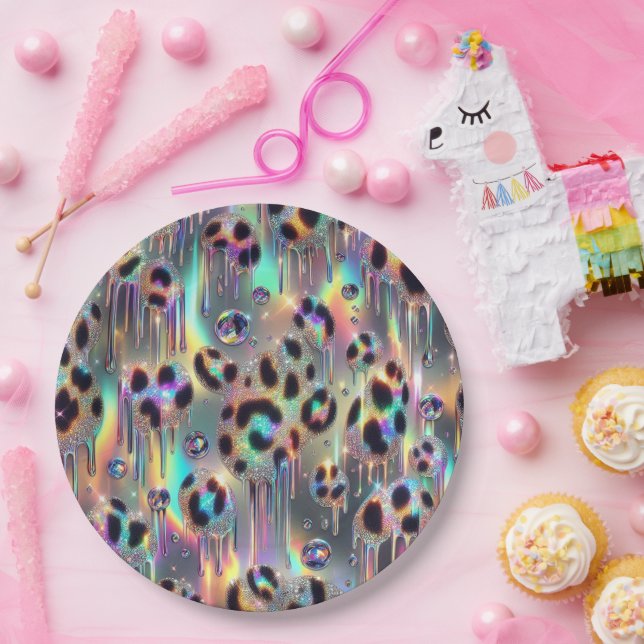 Prato De Papel Posh Glam Opal Leopard Print Paper Plates (Festa)