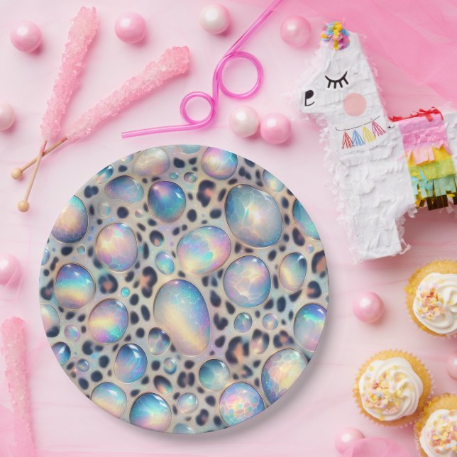 Prato De Papel Posh Glam Opal Leopard Print Paper Plates (Festa)