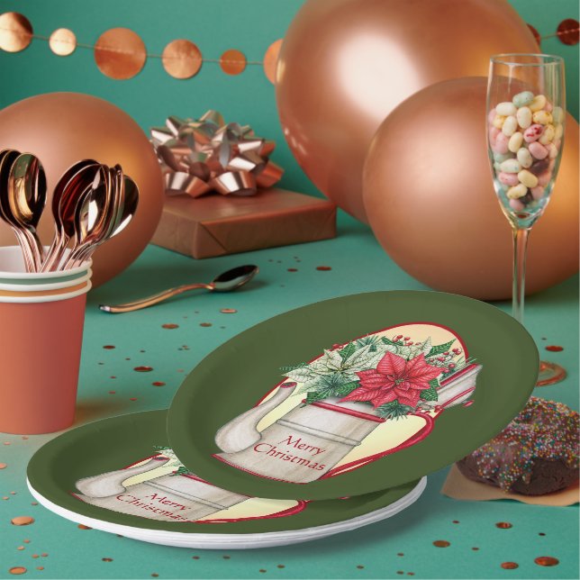 Prato De Papel Pote de chá antigo com poinsettias no Natal (Múltiplo)