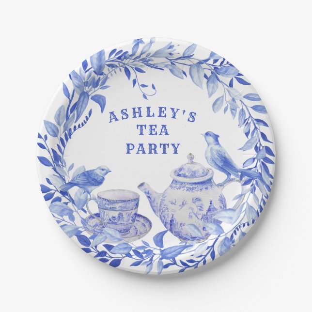 Prato De Papel Pote Floral Azul e Branco com Aves (Frente)