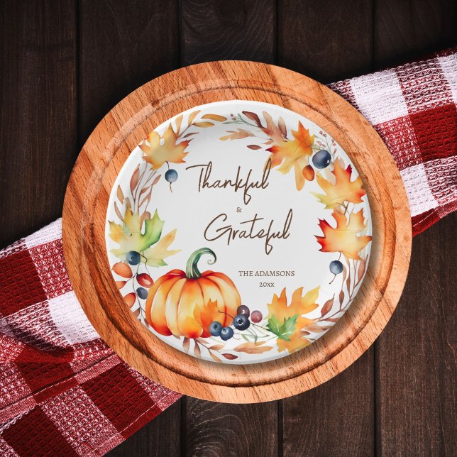 Prato De Papel Pote Luck Ação de Graças jante panfleto (Thanksgiving pot luck thankful grateful party tableware personalized plates watercolor wreath pumpki)