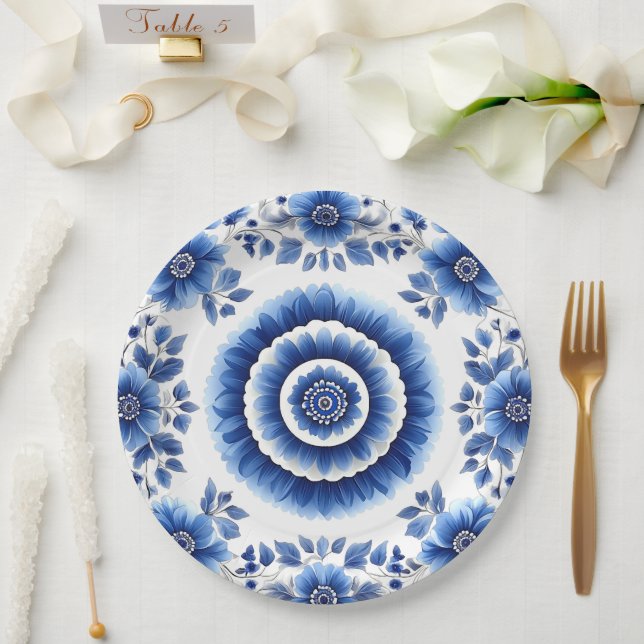 Prato De Papel Potência Floral Azul Elegante Inspirada (Casamento)