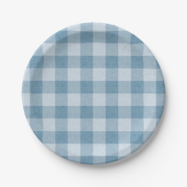 Prato De Papel Powder Blue Gingham Buffalo Check Linen Texture (Frente)