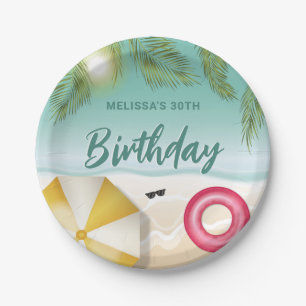 Prato De Papel Praia Tropical Com Folhas de Palmeira Aniversário