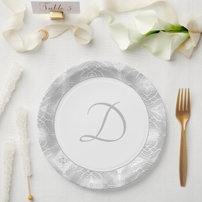 Prato De Papel Prata De Papel Faux-Satin Monogramada (Casamento)