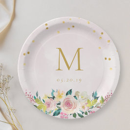 Prato De Papel Prata Floral Rosa Rústica Personalizada para Chá d